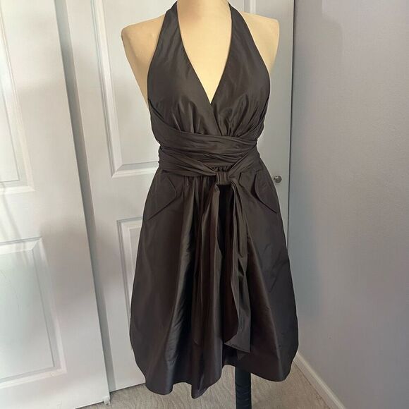 BCBG Maxazria Brown Halter Silk Bow Wrap Midi Dress 8 - Picture 2 of 7